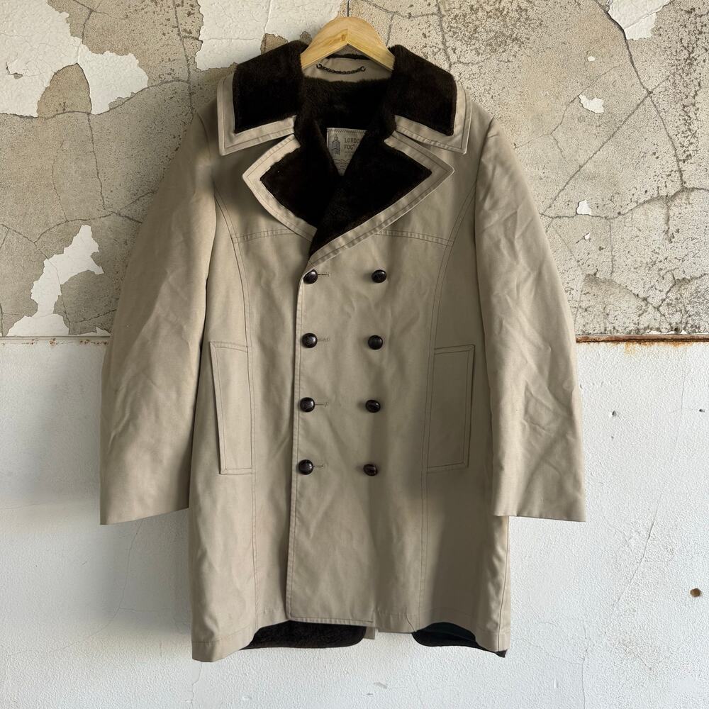 Vintage 70s London Fog Coat Sherpa Lined Mens L Khaki Double‎ Breasted Overcoat